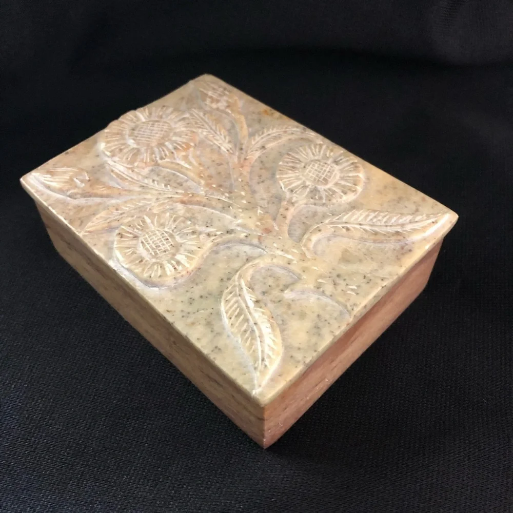 Handcrafted Floral Carved Stone Keepsake Trinket Box